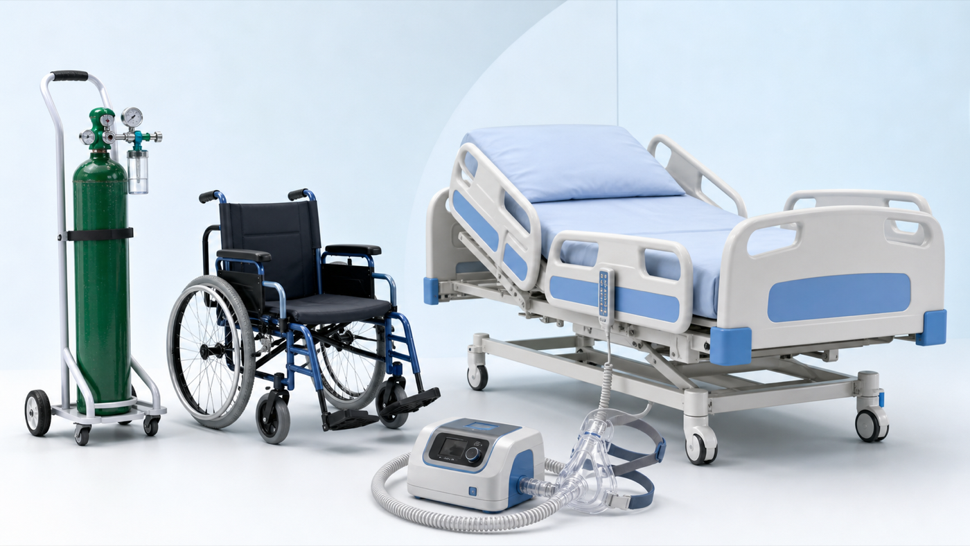 Cilindro de oxigênio, cadeira de rodas, BiPAP e cama hospitalar